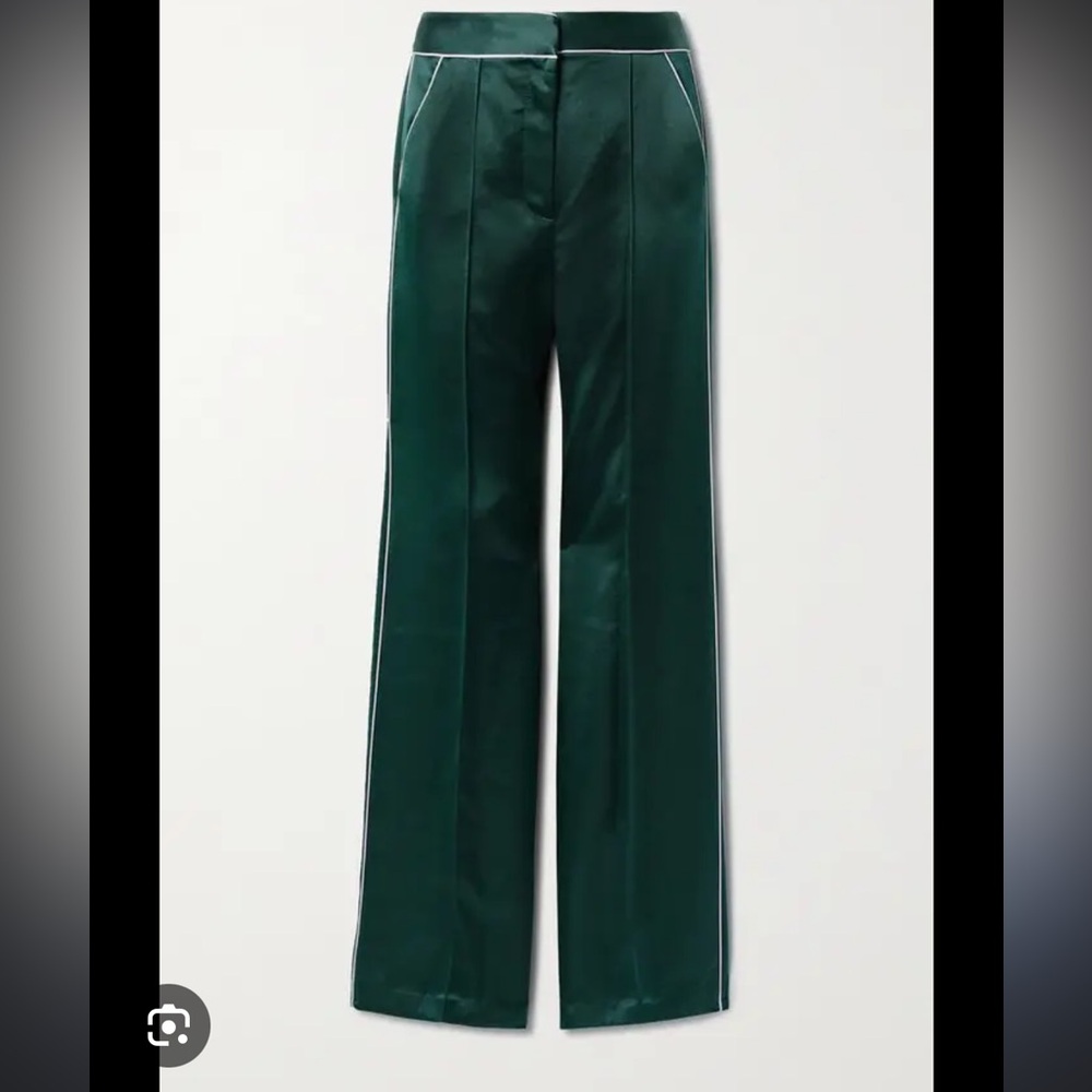 Dark Green Wide-Leg Pants with White Piping